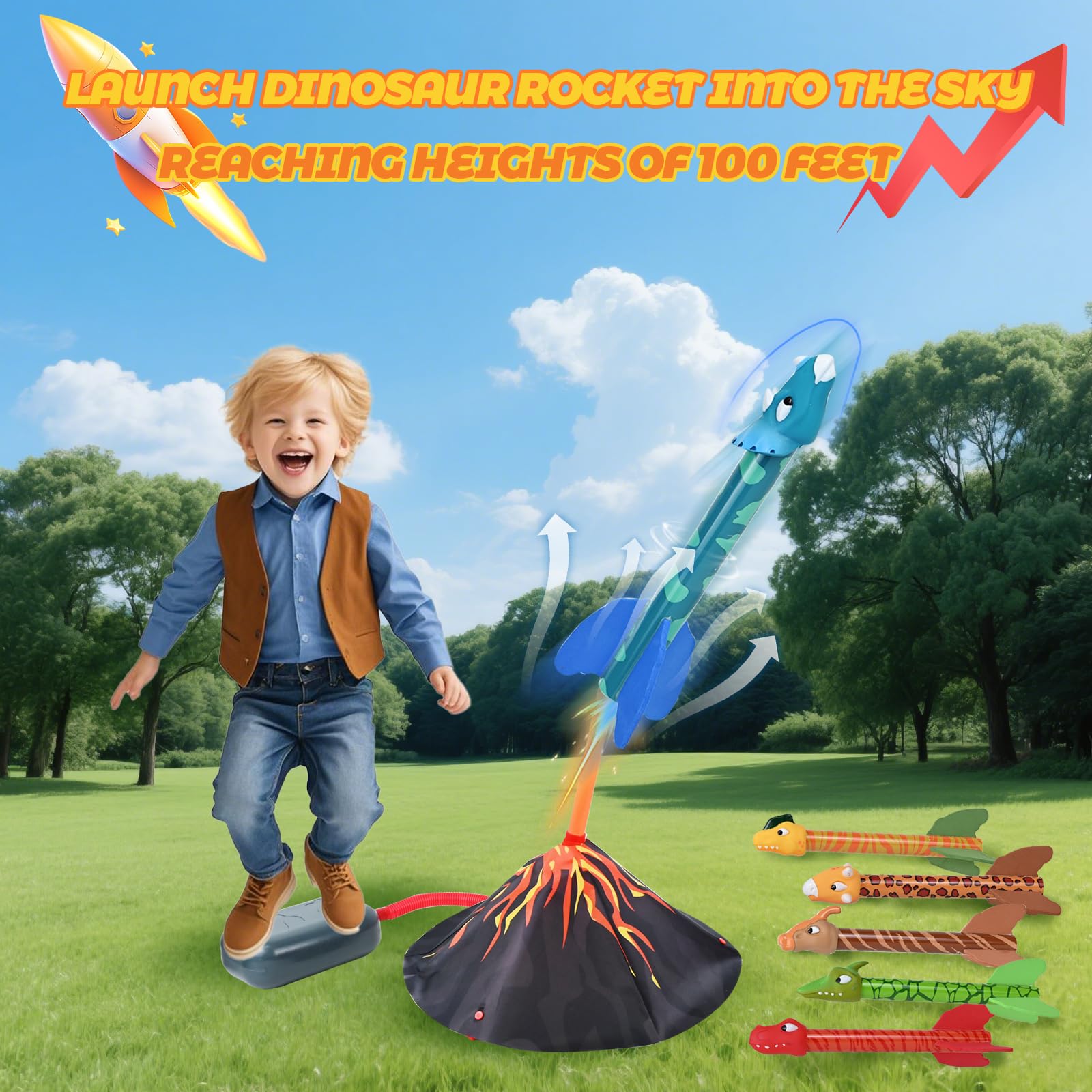 Joellfuner Lanciarazzi Giocattolo, Giocattoli Dinosauro Razzo, Gioco di Razzi con Pompa Lancio e 6 in Schiuma, Giochi da Giardino Esterno per Bambini, Regali per Ragazzi e Ragazze di 3-12 Anni