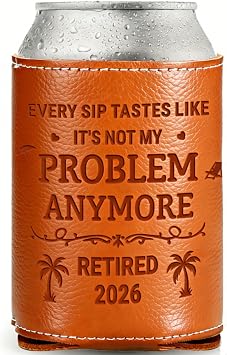 Funny Retirement Gifts for Men 2026, Gifts for Him, Dad, Husband, Grandpa, Retired Leather Can Cooler Sleeves Holder 12Oz - Best Retirement Present for Men Coworkers Retired Basket Stuffers