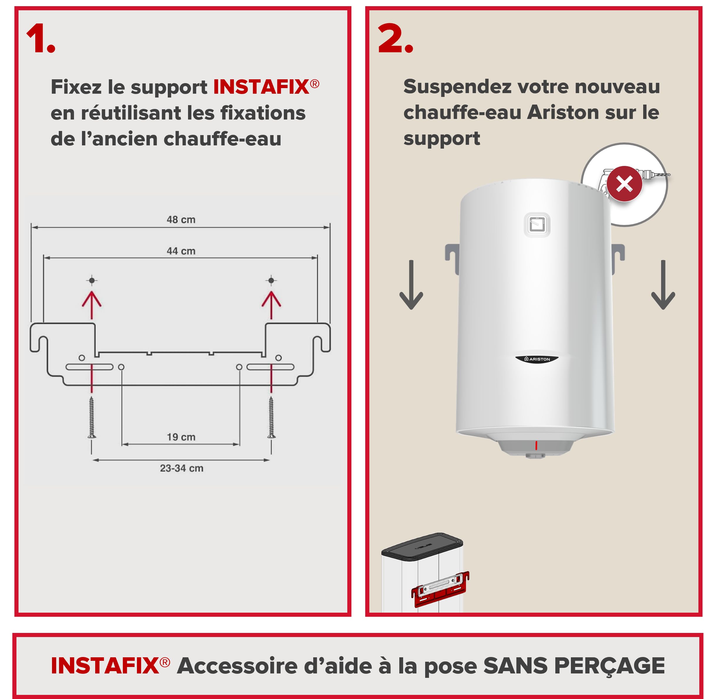 Lot Chauffe-eau Électrique Slim Ariston PRO 1 R 100 litres Ø450 mm + Support Mural Universel INSTAFIX, Pose Sans Perçage