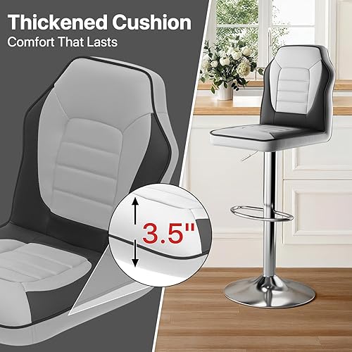 Miniatura 4 de MoNiBloom Juego de 2 taburetes de bar, de piel sintética ajustable en altura con reposapiés, taburete de cocina giratorio de 360 con respaldo,