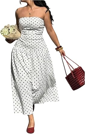 OYOANGLE Womens Plus Size Polka Dots Strapless Fit and Flare Dress Summer Vacation Flowy Long Dress