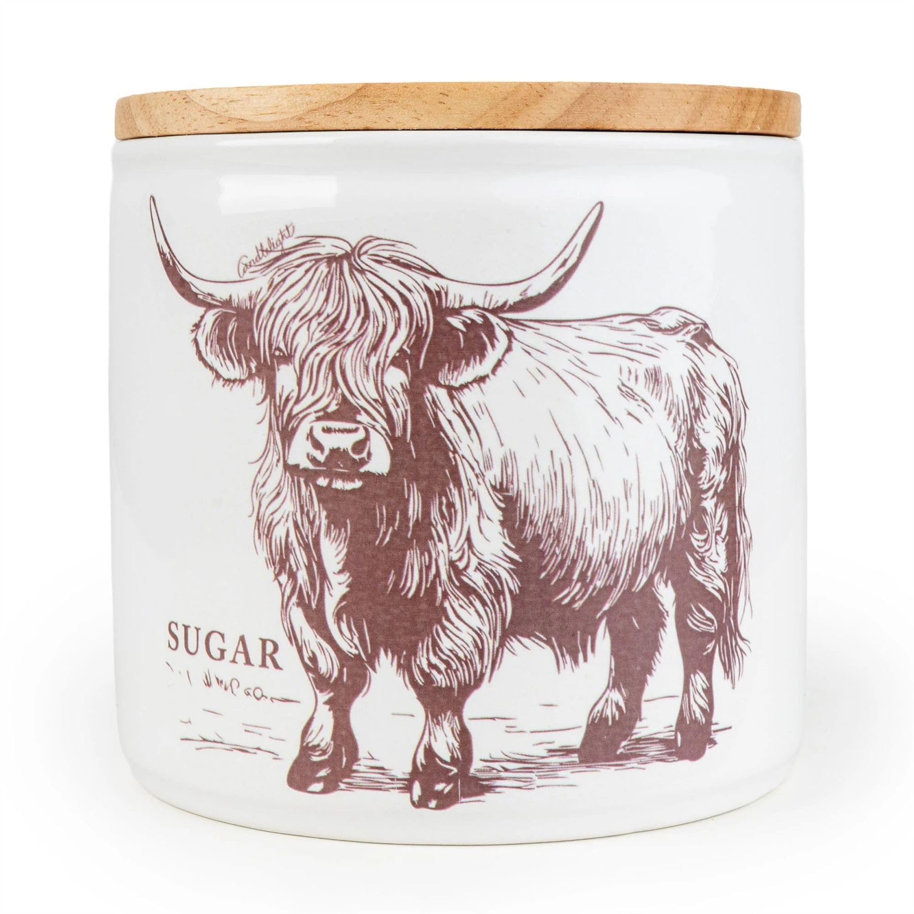 Carousel Home Highland Cow Sugar Canister | 12cm Ceramic Sugar Storage Jar with wooden Lid | Airtight Kitchen Canister