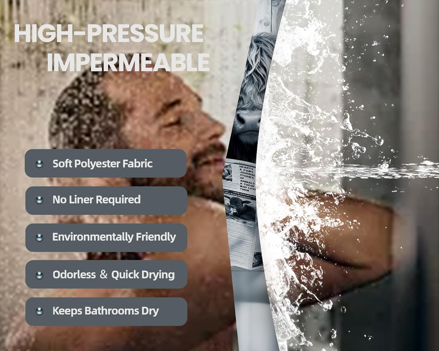 Funny Highland Cow Shower Curtain Fun Farm Animal Cow Country Shower Curtain for Mens Bathroom Decor Sets, Waterproof Cloth Fabric with Hooks, 108x72 Inch