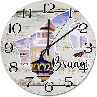 Brunei Landmark City Landscape Wall Clock Brunei Map 15 Inch Wall Clocks Battery Operated Silent Quiet Time Clock Wall Hanging Art Modern Home Decor for Living Room Kitchen Bedroom