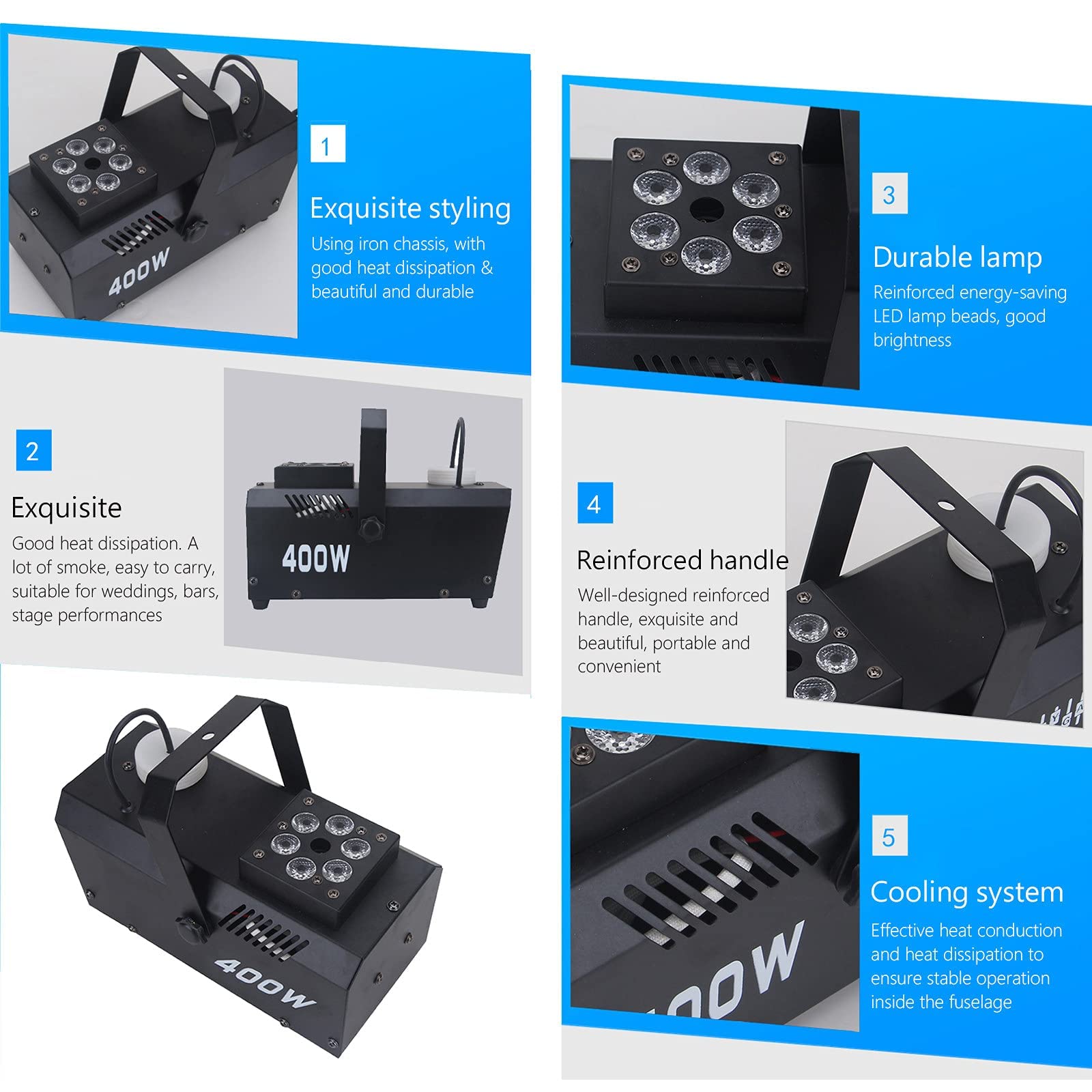 Wytwornica mgły, wytwornica dymu na imprezę o mocy 400 W z 6 diodami LED RGB, wysokość strumienia 3 m, przewodowy i bezprzewodowy pilot zdalnego sterowania Wytwornica mgły o dużej wydajności