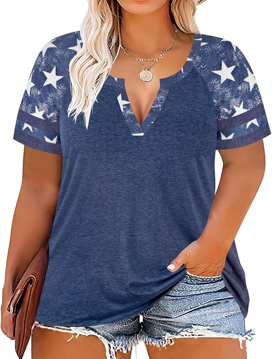 CARCOS Plus Size Tops for Women Short Sleeve Summer Pullover Color Block Crewneck/V Neck Tee Tunic Loose Fit Tshirts XL-5XL