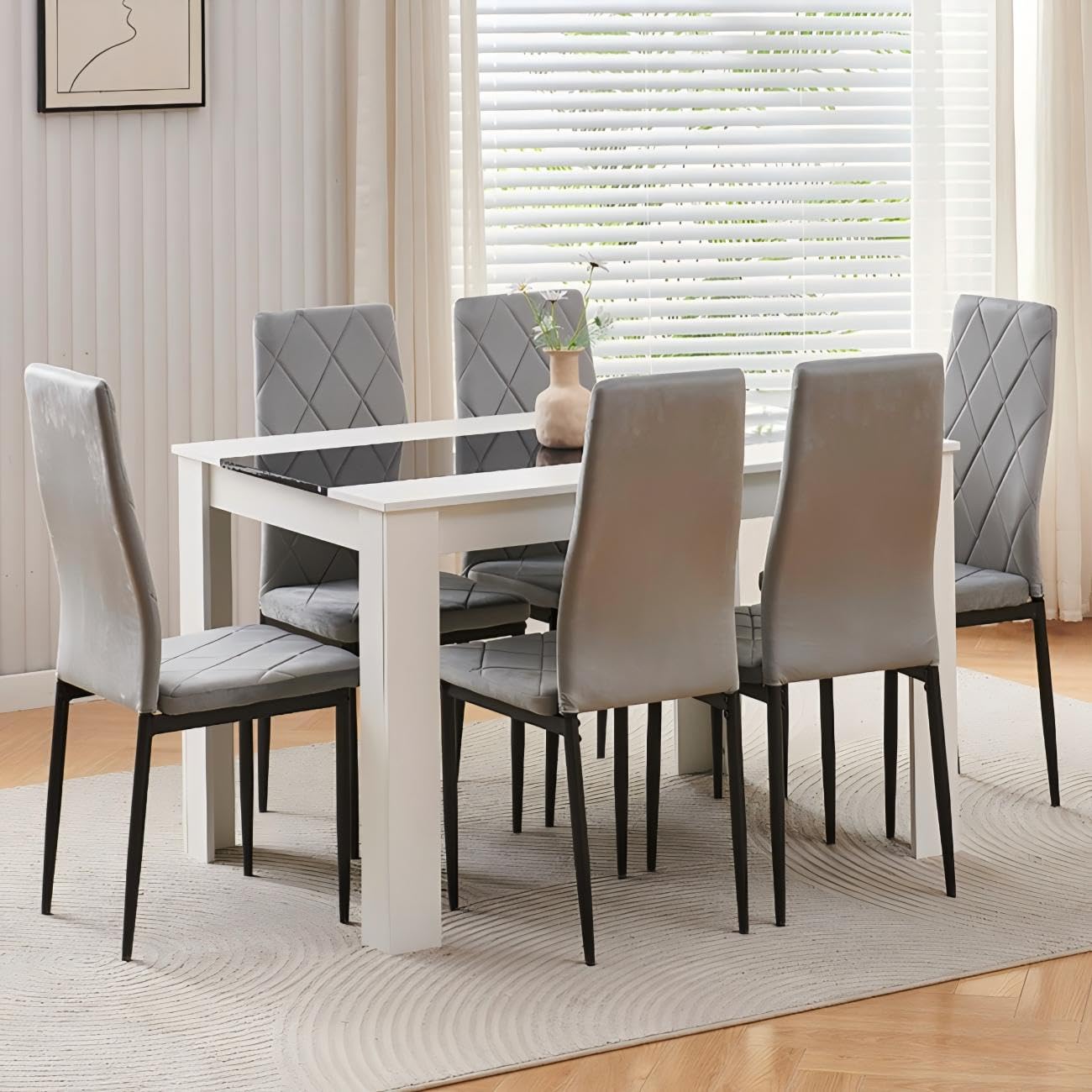 Homullel 120 cm Dining Table and 6 Chairs, 6 Seater Table and Chairs Set, 7 Pieces Kitchen Dining Room Set for 6, Compact, Space Saving (Grey Flannel Argyle Grid, 120cm, 6 Seats)