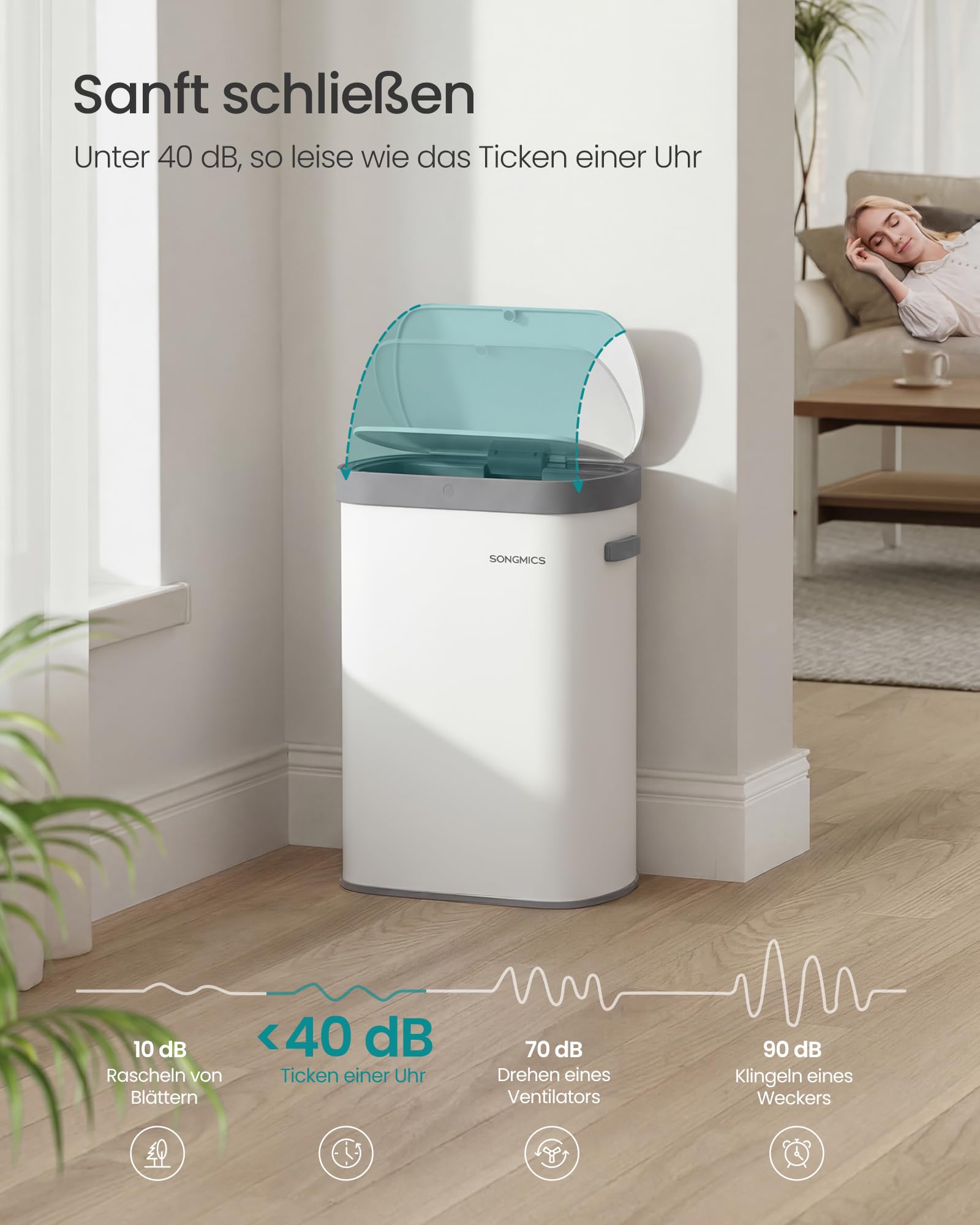 SONGMICS Mülleimer mit Sensor, automatischer Abfalleimer 50 L, Öffnen per Handbewegung oder Berühren, Softclose-Deckel, Stahl, inkl. 15 Müllbeutel, weiß LTB640WZ02