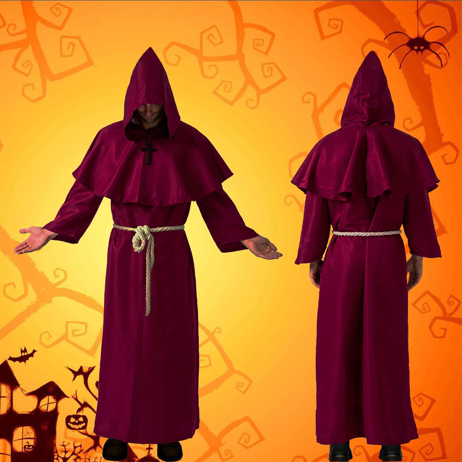 KOMEIYL Disfraz De Monje Medieval Con Capucha Y Cruz – Traje Fraile Halloween, Renacimiento O Juego De Rol LARP