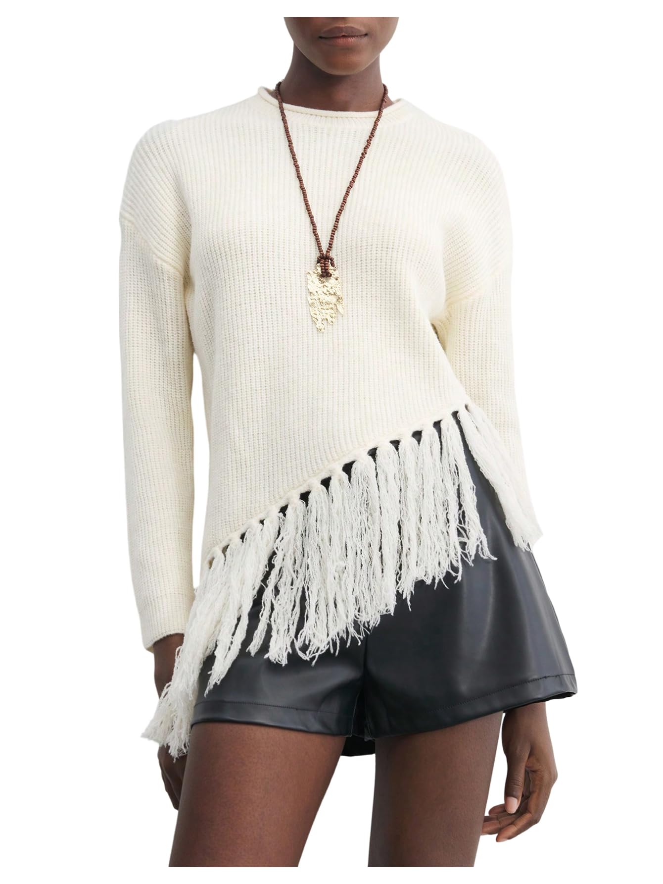 MakeMeChic Womens Boho Tassel Fringe Sweater Long Sleeve Crew Neck Pullover Fall Knitted Crop Tops