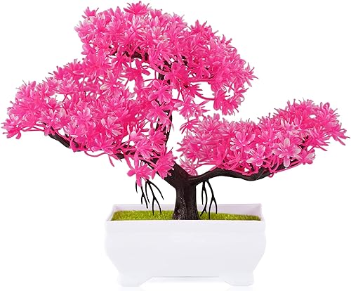 Frjjthchy Mini plantas artificiales de árbol bonsái con macetas de cemento de plástico para decoración del hogar y la oficina (rojo rosa)