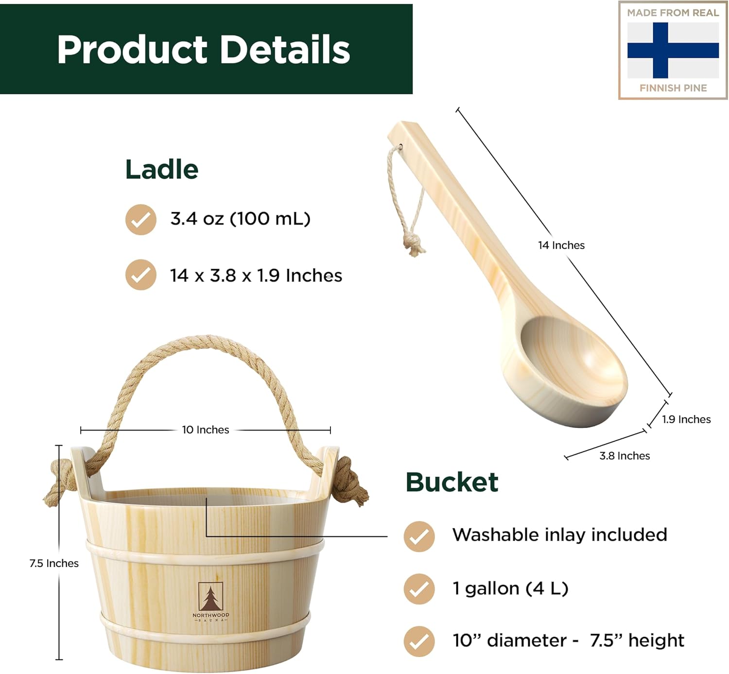 Sauna Bucket and Ladle Set - Handmade from Finnish Pine Wood - Natural Rope Handle - 1 Gallon (4 Liters) Water Capacity