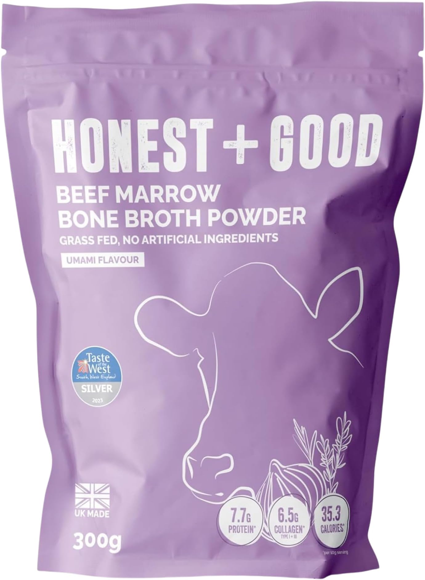 Honest + Good Beef Marrow Bone Broth Powder, 300g | High Protein | 6,500mg Type I & III Collagen & Amino Acids for Hair, Skin, Joint & Gut Health | Grass-Fed & No Hormones | 30 Servings (1 Month)