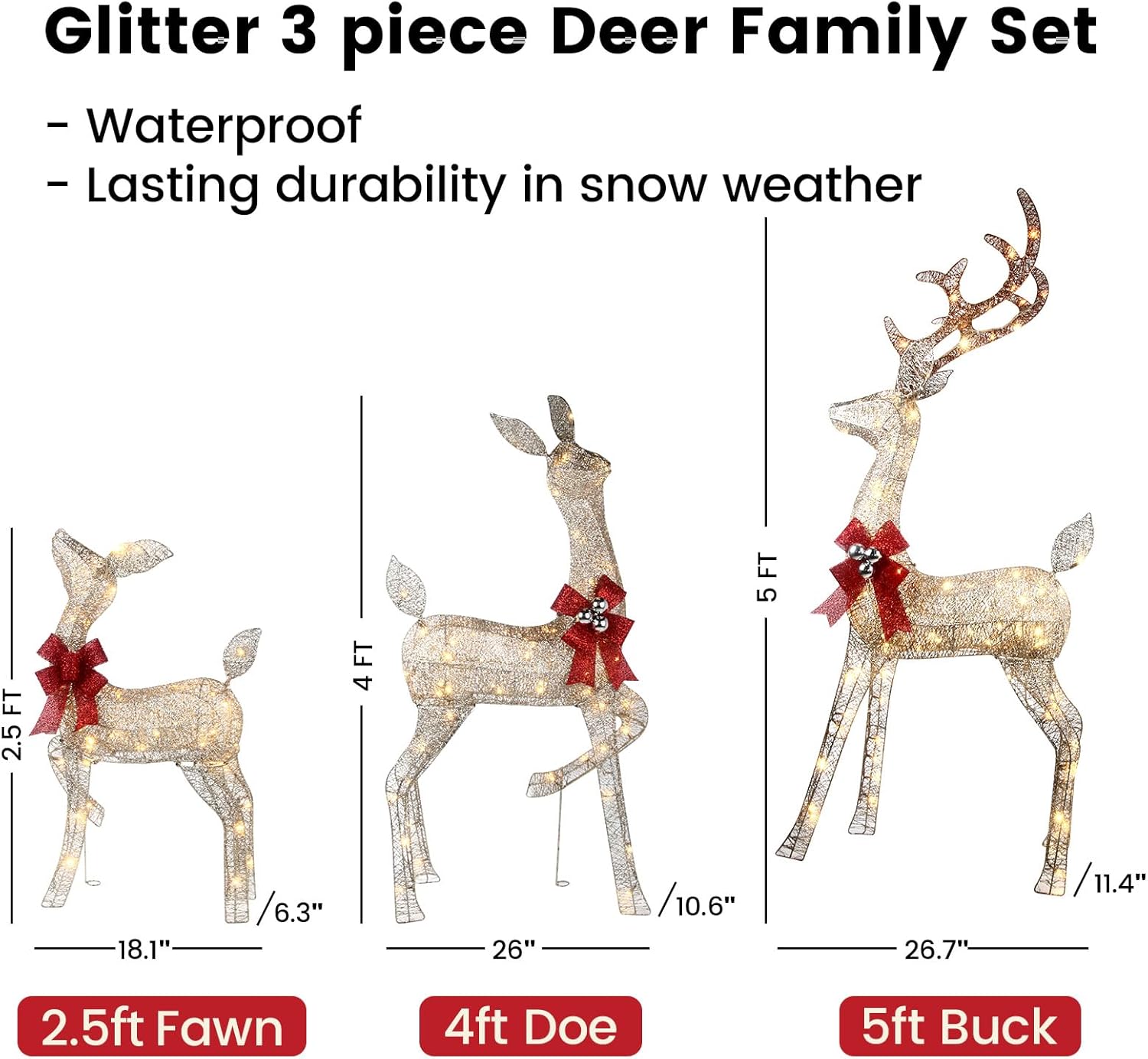 3D Christmas Reindeer Outdoor Decorations - 3 Pieces Set of Gold LED Deer Family with 240 Warm Lights - 5ft Buck & 4ft Doe & 2.5ft Fawn