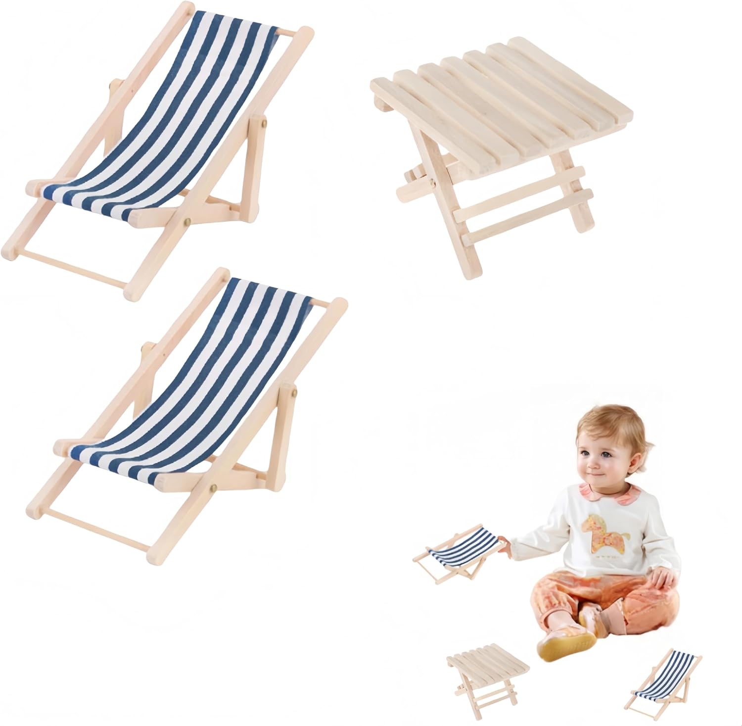 Mini silla de playa, artículos de playa en miniatura, sillas de playa de madera, miniaturas de casa de muñecas, decoraciones de pastel de playa,