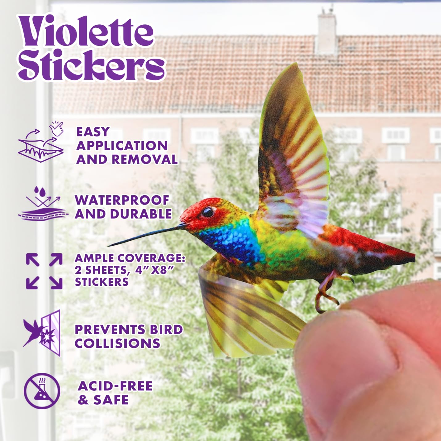 Violette Stickers Anti-Collision Window Stickers for Birds, Watercolor Hummingbird Stickers to Stop Birds from Hitting Windows, Window Decals to Prevent Bird Strikes (Hummingbird)