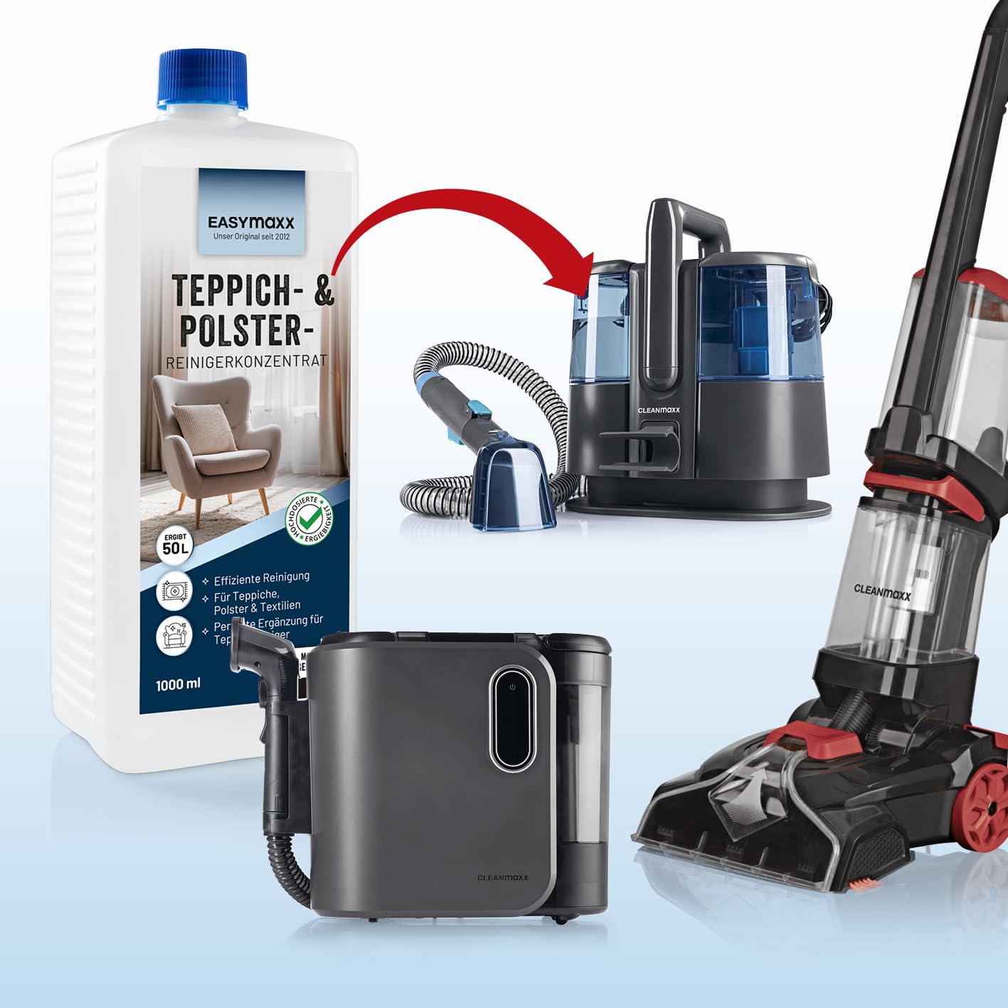 CLEANmaxx Szampon do dywanów 2 x 500 ml | idealne połączenie ze środkiem do czyszczenia twardych podłóg i dywanów PRO, nadaje się również do innych odkurzaczy do prania i dywanów | specjalna formuła plam i odświeżacz kolorów