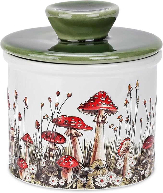 Fungi Fun Mushroom Butter Crock, Ceramic French Butter Dish with Lid for Countertop, Decorative Mushroom Kitchen Accessories and Kitchen Decor, Airtight Ceramic Container & Keeper White, Red & Green