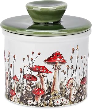 Fungi Fun Mushroom Butter Crock, Ceramic French Butter Dish with Lid for Countertop, Decorative Mushroom Kitchen Accessories and Kitchen Decor, Airtight Ceramic Container & Keeper White, Red & Green