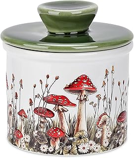 Fungi Fun Mushroom Butter Crock, Ceramic French Butter Dish with Lid for Countertop, Decorative Mushroom Kitchen Accessories and Kitchen Decor, Airtight Ceramic Container & Keeper White, Red & Green