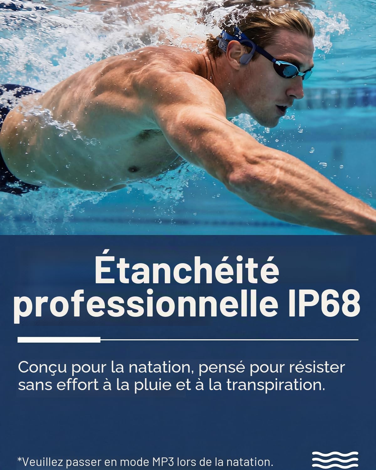MONODEAL Casque Conduction osseuse Natation, ecouteur Waterproof natations IP68 étanche, 8Go mp3 Etanche Bluetooth 5.3, Convient pour Casque Sport Natation Surf Course ecouteurs sans Fil Sport