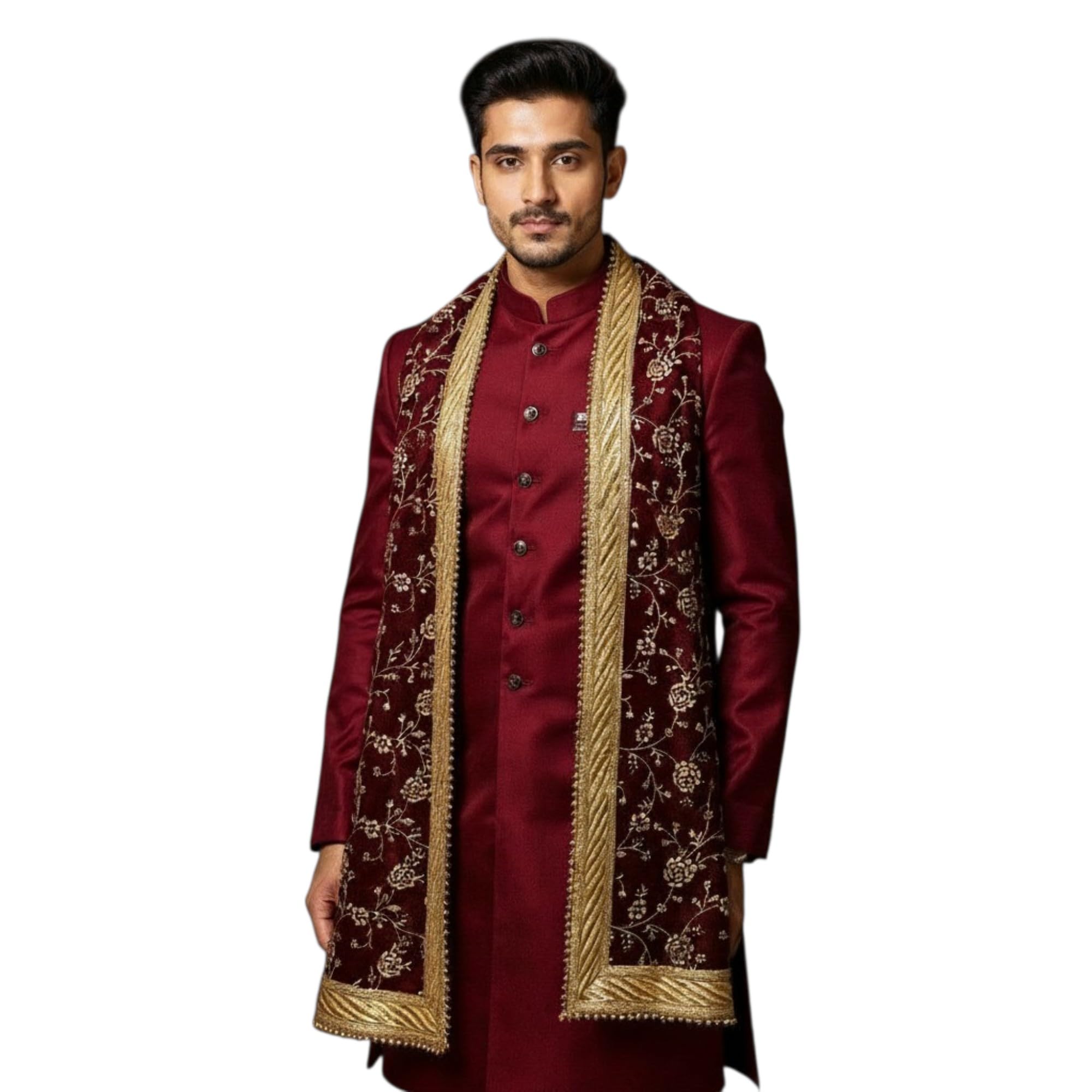 krypmax Men's Narrow Velvet Stole Dupatta With Printed Design Golden Border for Kurta/Sherwani/Achkan/Suit (Length - 2.5m, Width -14 Inch)-picture-56