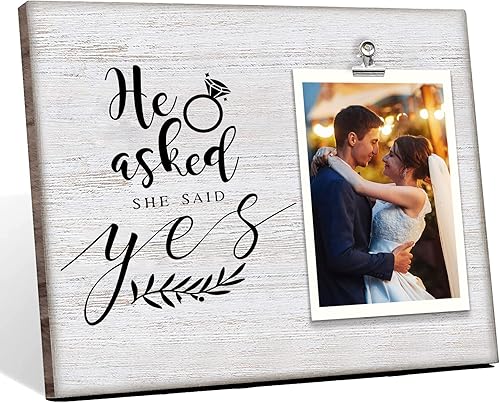 Dofala Marco de fotos de madera con clip de compromiso de boda, con texto en inglés He Asked and She Said Yes, marco de fotos grabado para bodas,