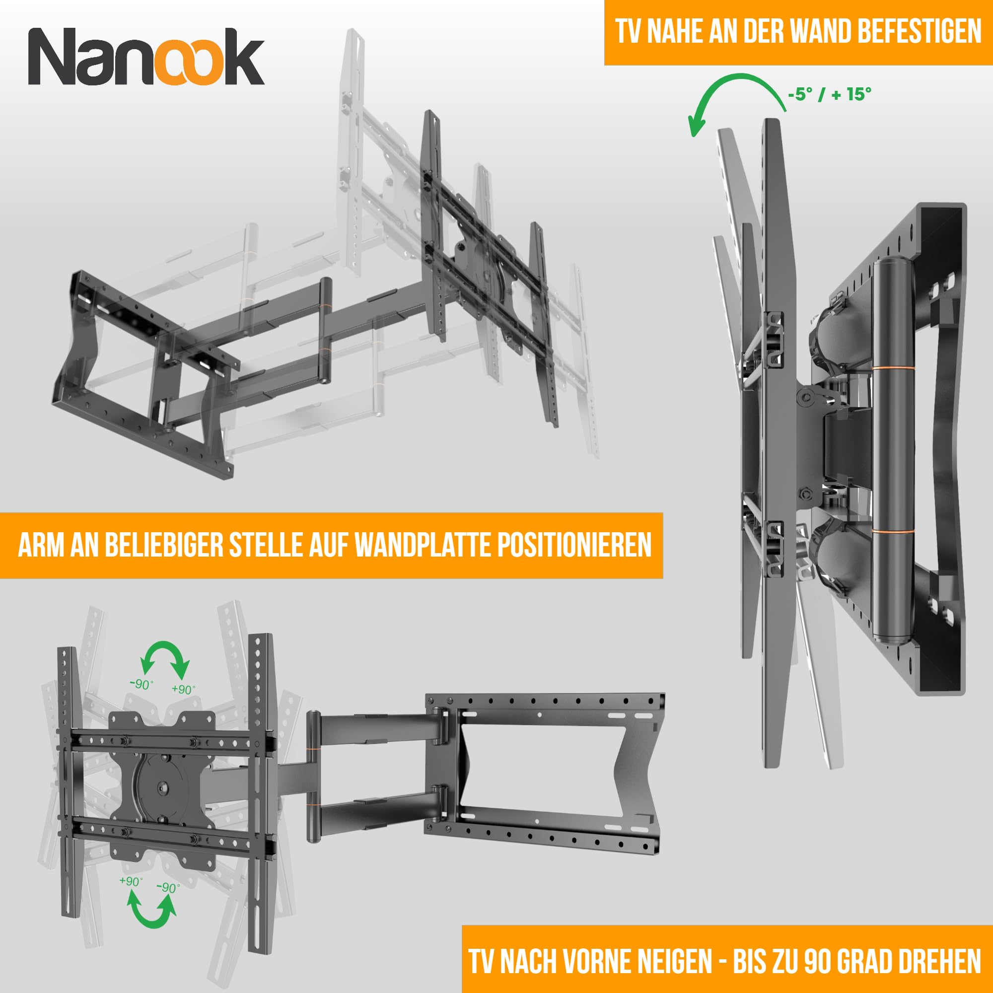 Nanook Long 2100 Langarm TV-Wandhalterung 42-75 Zoll, 100 cm Auszug, 60 kg | Extrem Robuste Konstruktion, Extra-Lange Arme Für Maximalen Schwenkbereich (180°) Und Große Reichweite, Max. VESA 600x400
