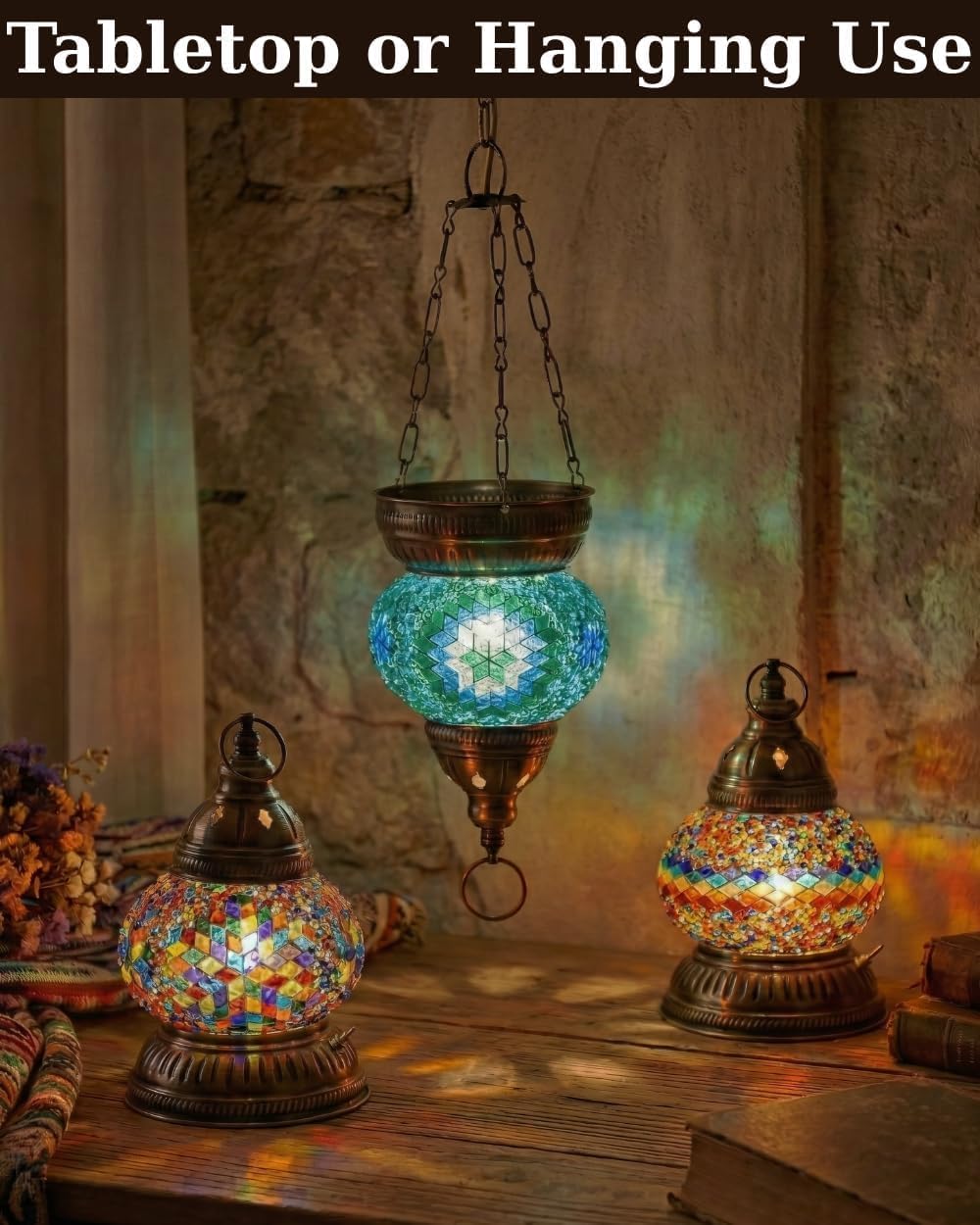 DEMMEX DIY Turkish Mosaic Lantern Kit – Beginner-Friendly Tiffany Glass Craft Project for Adults & Teens, Brass Finish, Battery Operated, Convertible Tabletop or Hanging Lantern (Brown&Amber)