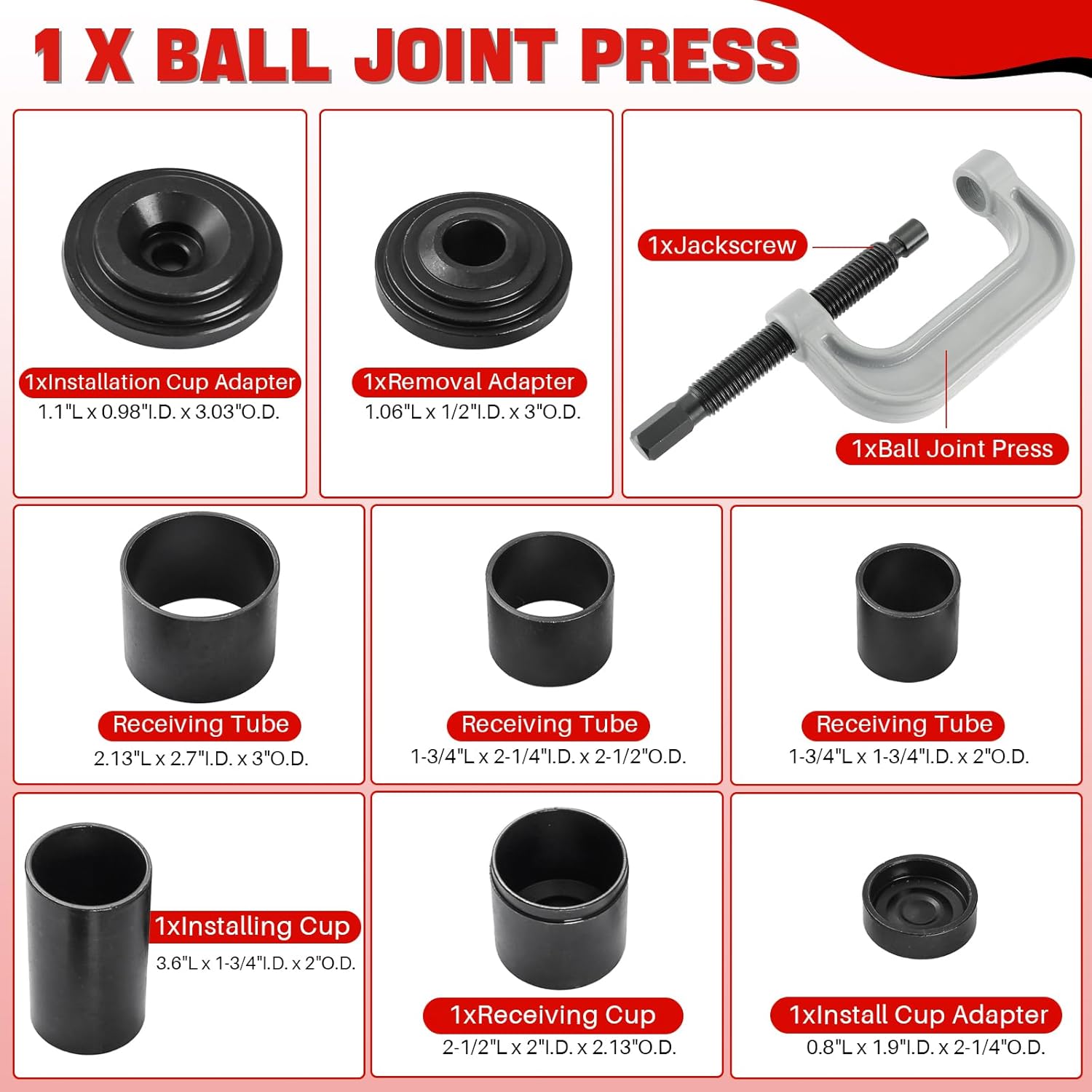 DASBET Ball Joint Removal Tool Kit | Ball Joint Press & U Joint Removal Kit Heavy Duty Ball Joint Press Fits Most 2WD and 4WD Cars Light Trucks 10PCS Ball Joint Service Tool Bushing Press Kit (Red)