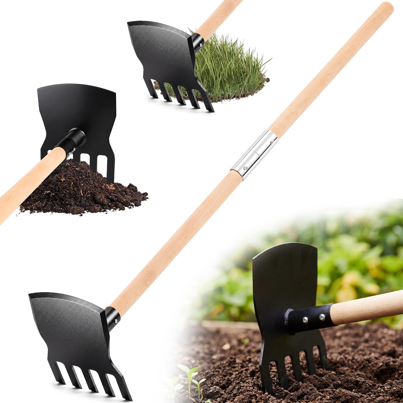 Azada rastrillo de acero con mango de fibra de vidrio de 55 pulgadas, azada rastrillo para incendios, usos múltiples en jardinería y silvicultura, rastrillado, raspado, desbroce y compactación.