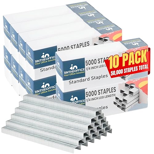 1InTheOffice Grapas de oficina estándar, longitud de pierna de 1/4 de pulgada, 5,000 grapas/paquete, paquete de 10
