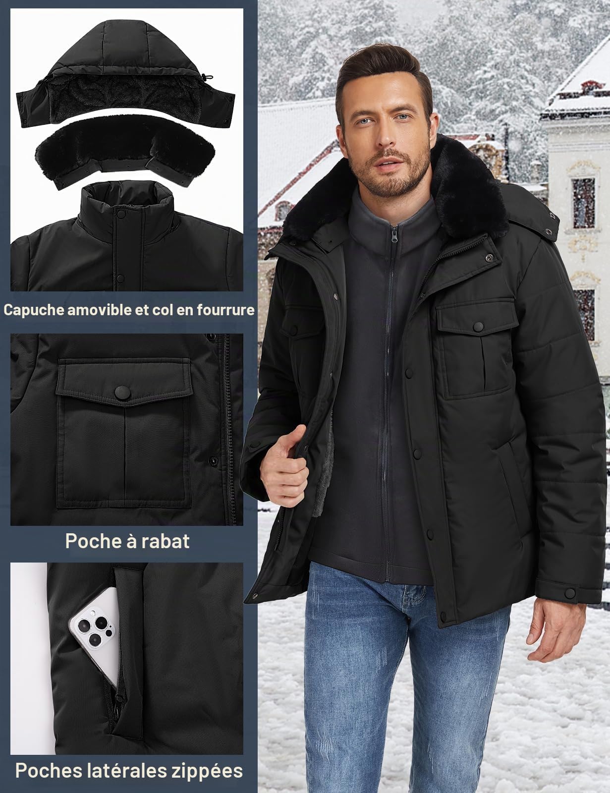 Tuopuda Homme Manteau d'hiver Chaud, Vestes Polaire Décontracté Parka Doublure Coupe Mince Manteaux Amovible Capuche Coupe-Vent Doudoune Zippé Épais Blouson Outercoat
