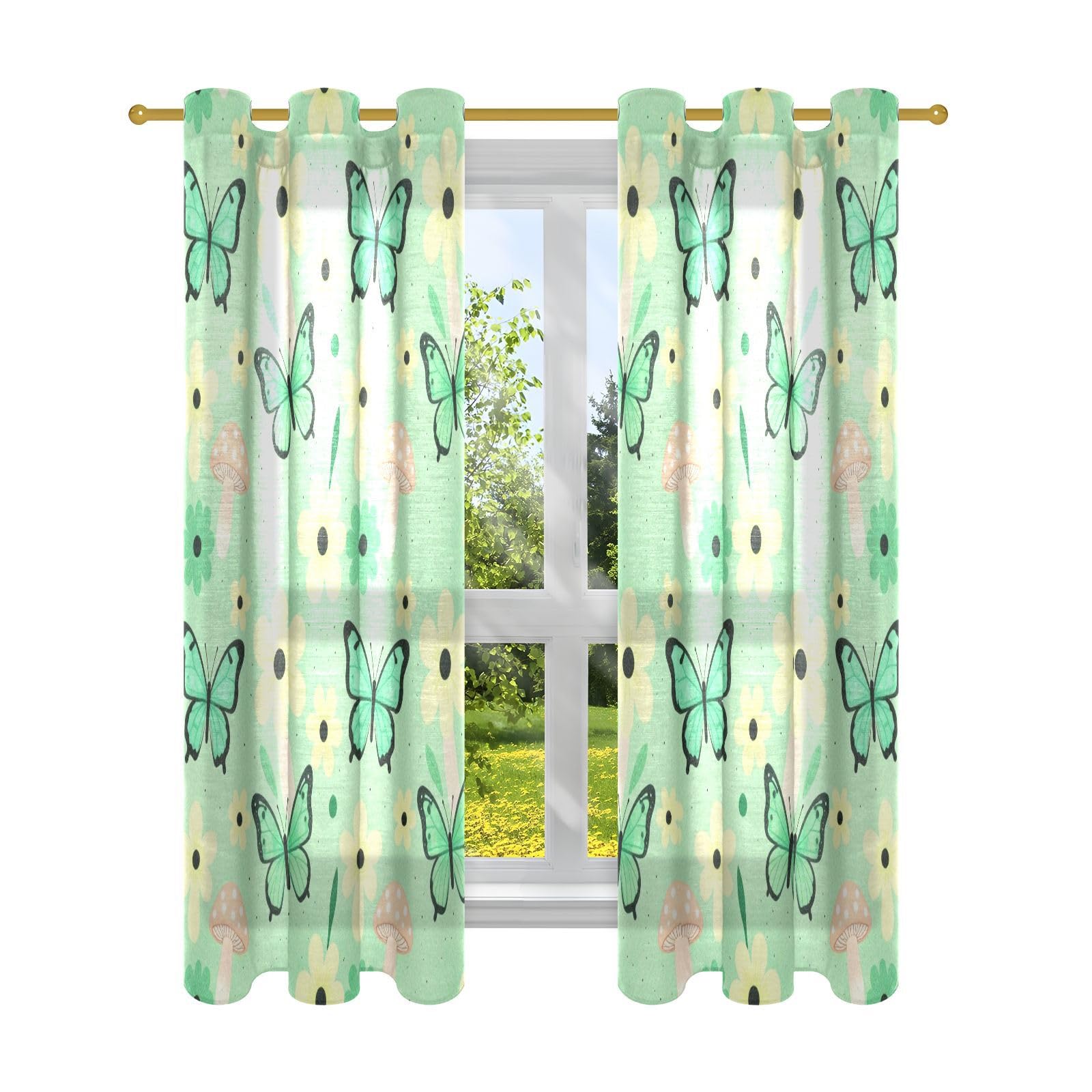 Cortinas decorativas opacas con flores verdes, mariposas, hongos, cortinas para oscurecer la habitación, 160 cm de largo, 2 paneles
