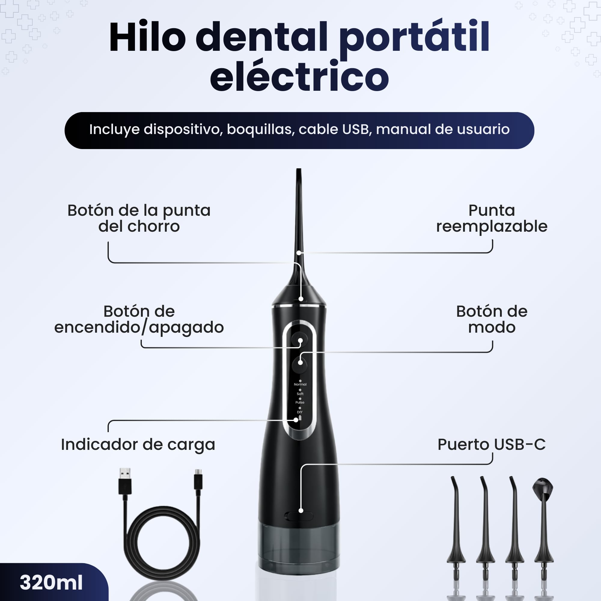 BeFit Water Flosser Portatil 320ml IPX8 4 Modos 120PSI 1400-1800/min Batería Recargable USB 1200 mAh