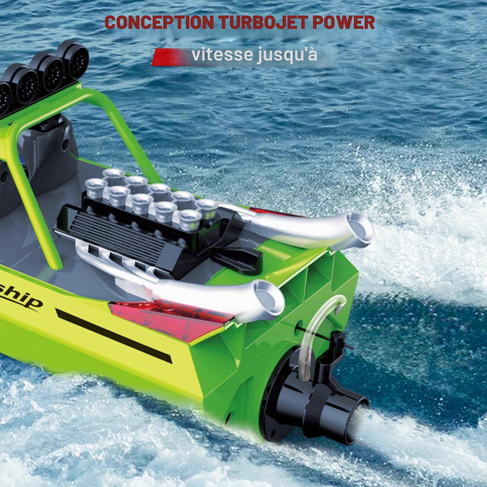 ARRIS Bateau télécommandé Haute Vitesse avec télécommande 2,4 GHz, 2 Piles Rechargeables et lumières LED pour Piscine, Lacs, Eau, Jet Bateau RTR pour Adultes, Cadeaux (Vert)