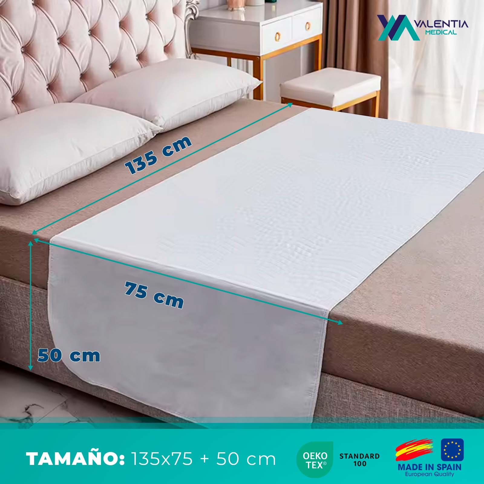 Empapador de Cama Lavable 135cm – Impermeable, Transpirable y Reutilizable - Protector de Colchón con Alta Absorción y Alas Laterales – 200 Lavados | Valentia Medical