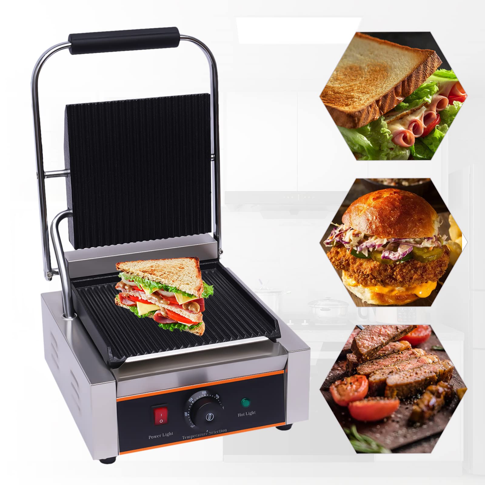 1800W Kontaktgrill Abnehmbare Platten Plattengriller Toaster, Sandwich Grill Toaster mit Temperaturkontrolle, Edelstahl Sandwichtoaster für Steak, Toast & Vegetables, 180º Öffnung