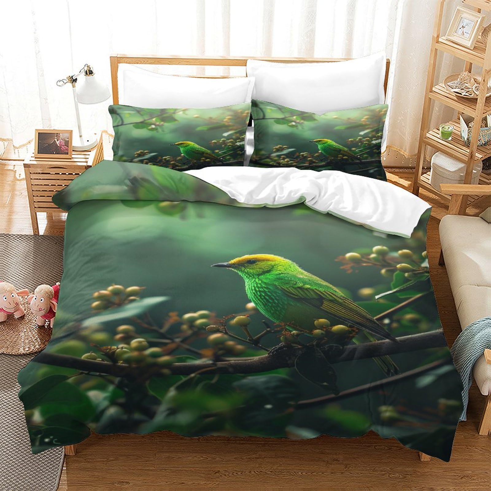 P1S9U7W5Y Nature Greenery Bird 3D Printed Duvet Cover Set 3pcs Microfiber Forest Bedding Set King（220x240cm）