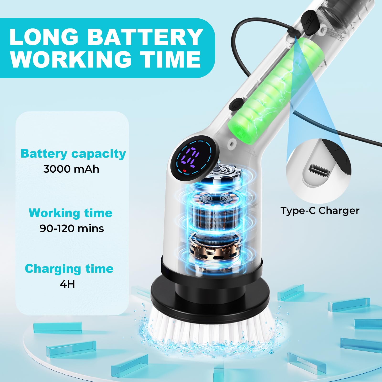 SHINER Brosse Nettoyage Electrique Rotative, Brosse Electrique Nettoyage avec 3 Vitesses, 8 Têtes, Batterie 3000mAh, Manche Extensible, étanche IPX7, Brosse Nettoyage Salle de Bain et Cuisine