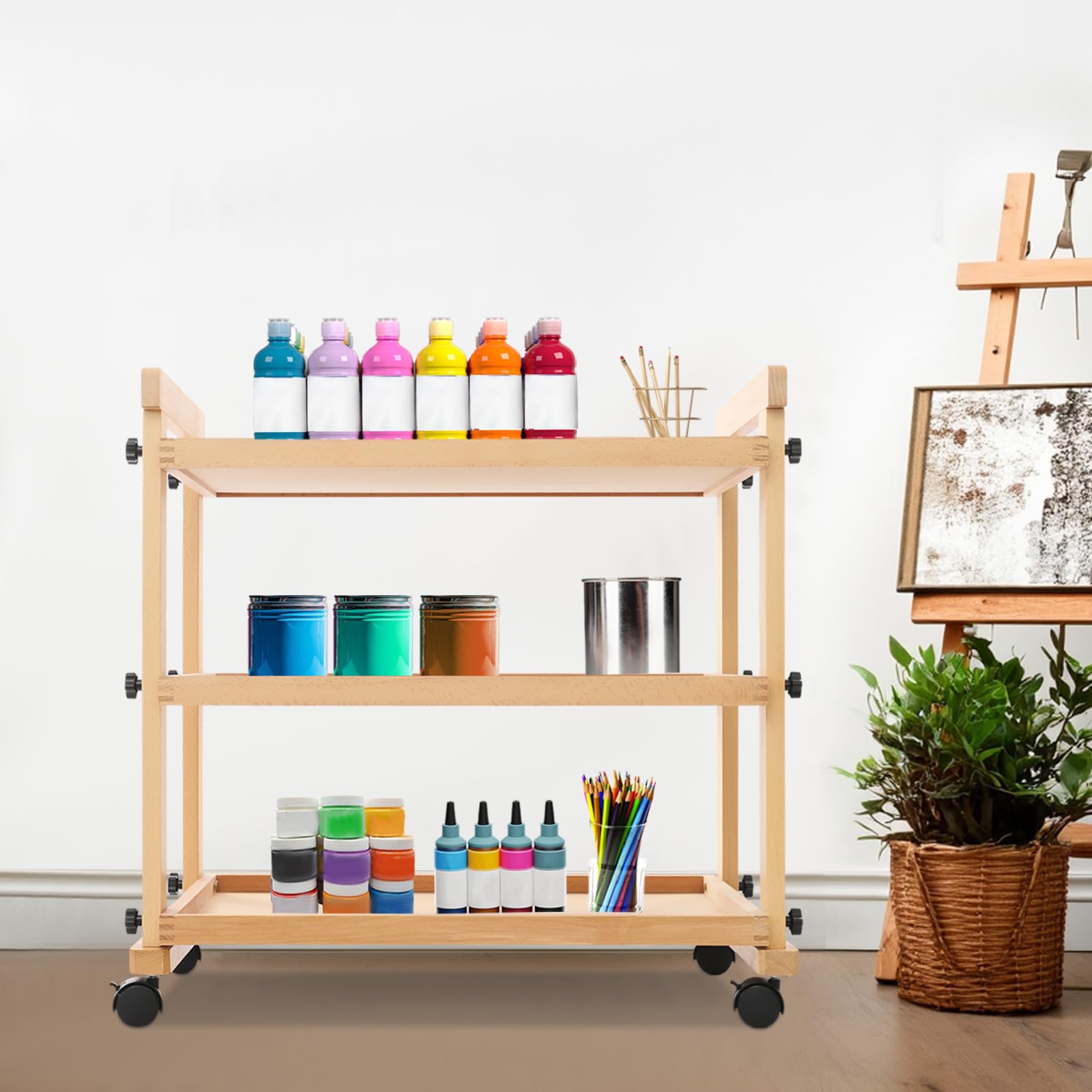 Carro artificial de madera de 3 niveles, 77,5 x 42 x 76,5 cm, carrito de pintura con ruedas, capacidad de carga total de 15 kg, carrito de pintura, carrito de almacenamiento multifuncional