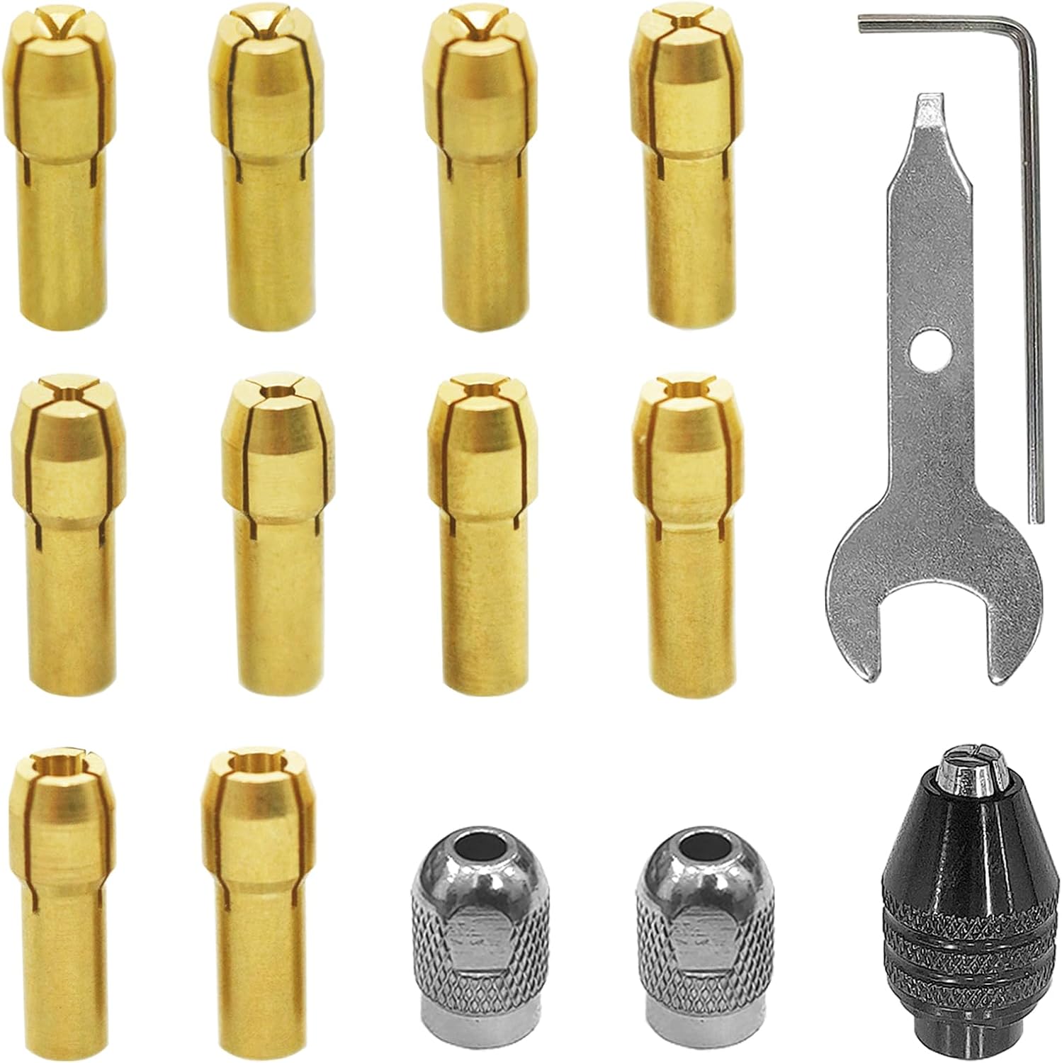 15Pcs Drill Chuck Collet Set for Dremel Rotary Tool 1/32” (0.8mm) - 1/8” (3.2mm) Shank Brass Collet Kit Replacement 4486 Rotary Tool Keyless Quick Change Chuck Accessory with Dremel 3000 4000 7700