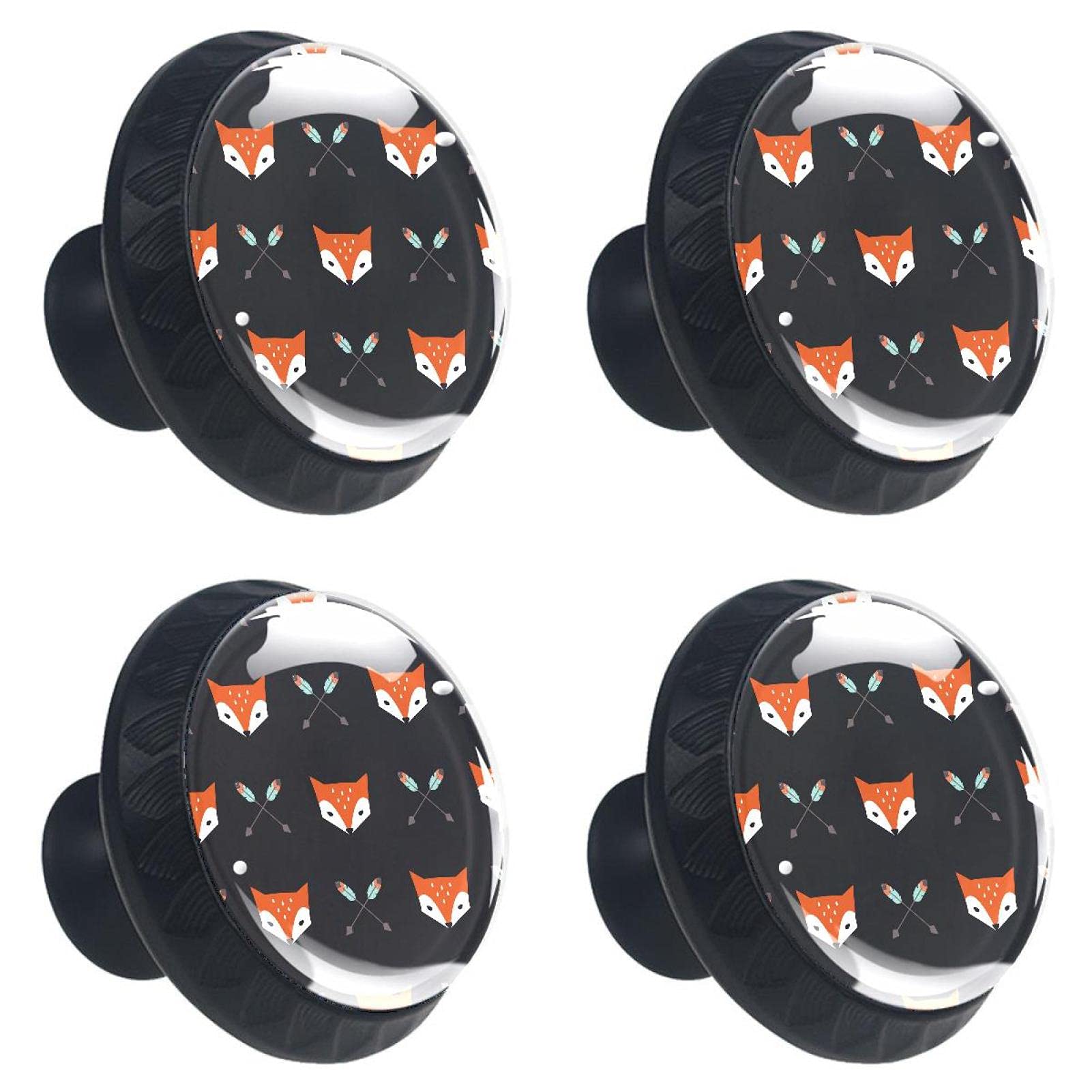 Boutons de tiroir en cristal noirs 30mm avec motif renard et flèches pour armoire
