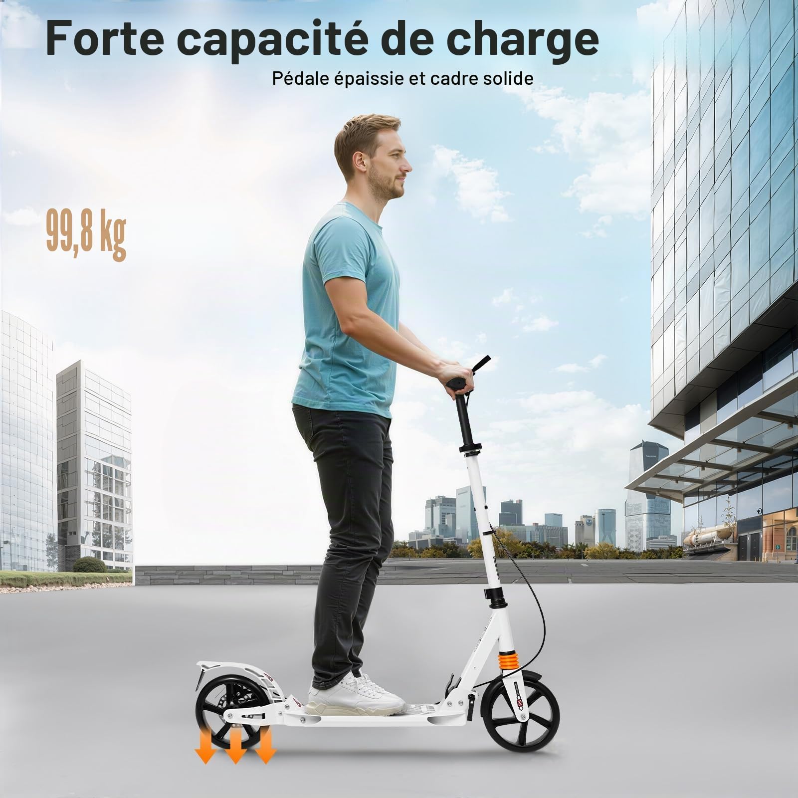 Trottinette professionnelle pliable pour adulte avec frein à main, max. 120 kg, avec frein, réglable en hauteur