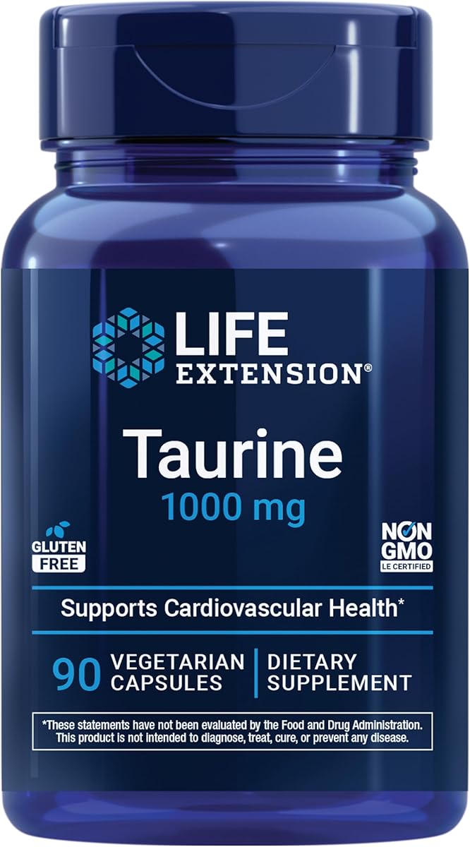 Life Extension Taurine, Pure Taurine Amino Acid Supplement, Heart, Liver and Brain Health, Longevity, Muscle and Exercise, 1000 mg dose, Non-GMO, Gluten-Free, Vegetarian, 90 Vegetarian Capsules