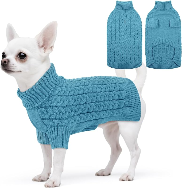 Suéter de Tricô para Cães com Gola Alta e Abertura para Guia ASENKU, Azul, Tamanho S