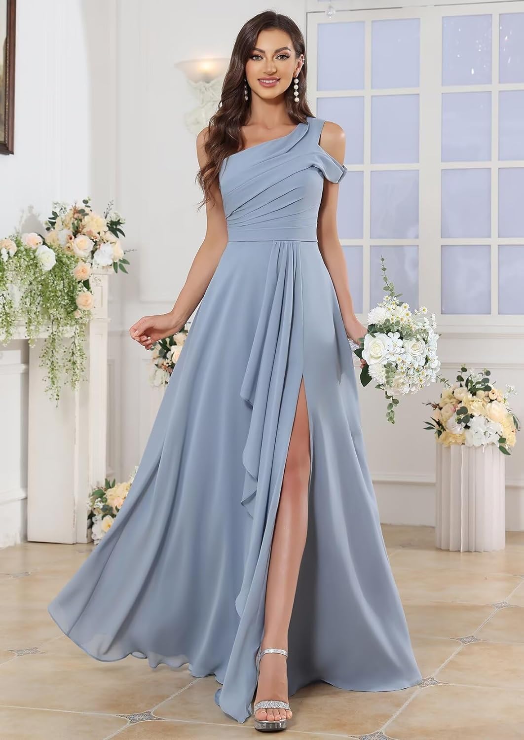 One Shoulder Bridesmaid Dresses Long for Wedding with Slit Ruffles Pleated Chiffon Formal Evening Gowns - Image 4