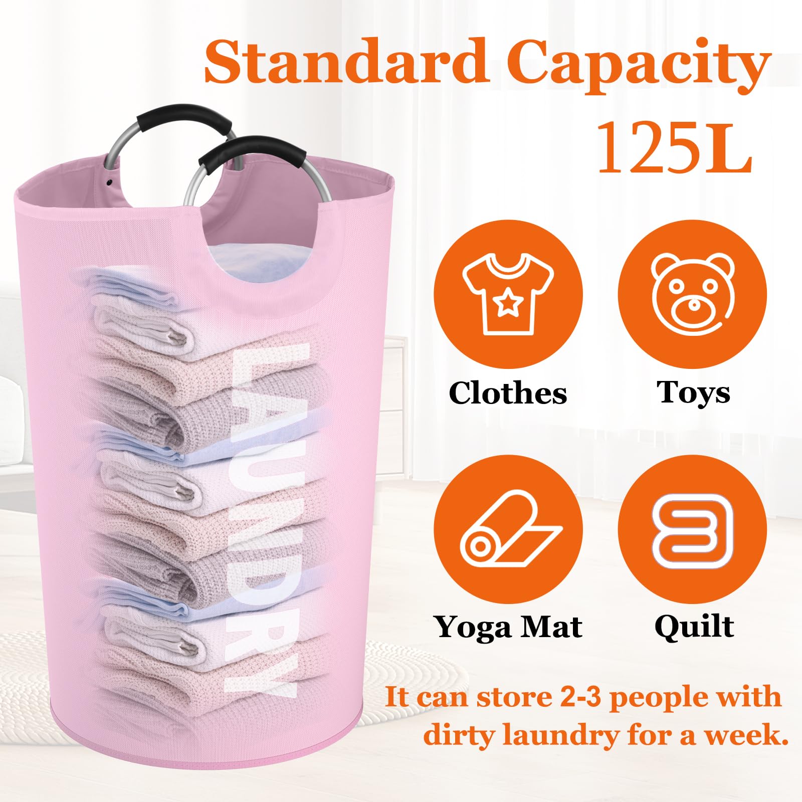 Extra Grandi Cesto Portabiancheria Sporca per Bagno, 125L Cesta Portabiancheria con Manico, Cesto per i Panni Sporchi Pieghevole, Portabiancheria Durevole per Lavanderia, Soggiorno, Rosa