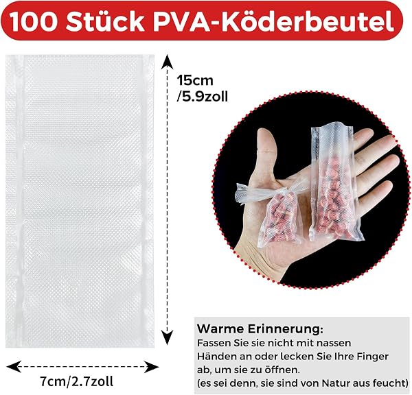 Realure Lot de 100 sachets PVA pour pêche à la carpe, sacs PVA à dissolution rapide pour bouillettes, carpe, nourriture, maïs en conserve, farine de poisson, pellets, 50 x 100 mm, 70 x 100 mm - 2