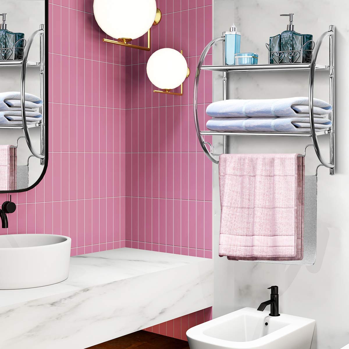 Estante de baño de 2 niveles con toalleros, estante de toalla montado en la pared con diseño de ahorro de espacio, estante de almacenamiento de baño cromado multifuncional para baño, 7